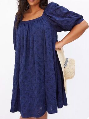 Anthropologie Maeve Eyelet Mini Dress Navy Blue Puff Sleeve NWT S